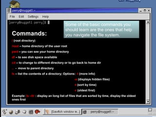 Commands:

Some of the basic commands you
should learn are the ones that help
you navigate the file system.

/ (root directory)
/root – home directory of the user root
pwd – you can see your home directory
df – to see disk space available
cd – to change to different directory or to go back to home dir
.. - move to parent directory
ls – list the contents of a directory; Options: -l (more info)
-a (displays hidden files)
-t (sort by time)
-r (oldest first)
Example: ls –ltr : display an long list of files that are sorted by time, display the oldest
ones first

 