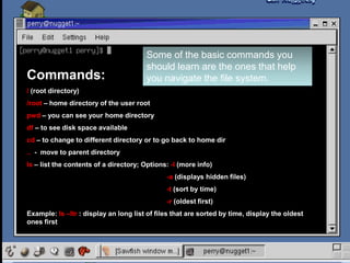 Commands:
/ (root directory)
/root – home directory of the user root
pwd – you can see your home directory
df – to see disk space available
cd – to change to different directory or to go back to home dir
.. - move to parent directory
ls – list the contents of a directory; Options: -l (more info)
-a (displays hidden files)
-t (sort by time)
-r (oldest first)
Example: ls –ltr : display an long list of files that are sorted by time, display the oldest
ones first
Some of the basic commands you
should learn are the ones that help
you navigate the file system.
 