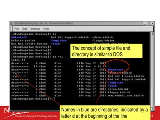 Names in blue are directories, indicated by a
letter d at the beginning of the line
The concept of simple file and
directory is similar to DOS
 