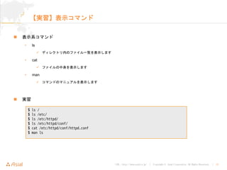 URL : http://www.asial.co.jp/ │ Copyright © Asial Corporation. All Rights Reserved. │ 15
【実習】表示コマンド
表示系コマンド
• ls
ディレクトリ内のファイル一覧を表示します
• cat
ファイルの中身を表示します
• man
コマンドのマニュアルを表示します
実習
$ ls /
$ ls /etc/
$ ls /etc/httpd/
$ ls /etc/httpd/conf/
$ cat /etc/httpd/conf/httpd.conf
$ man ls
 