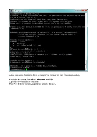 Agora precisamos formatar o disco, nesse caso vou formatar em ext3 (Sistema de aquivo). 
Comando: mkfs.ext3 /dev/sdc ou mkfs.ext3 /dev/sdb 
Aguarde o processo até ser finalizado. 
Obs: Pode demorar bastante, depende do tamanho do disco. 
 