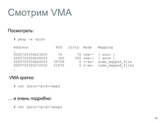 Смотрим VMA 
Посмотреть: 
# pmap -x <pid> 
Address RSS Dirty Mode Mapping 
… 
00007f0356b23000 76 76 rwx-- [ anon ] 
00007f0356b38000 392 392 rwx-- [ anon ] 
00007f0356bb9000 34708 0 r-xs- some_mapped_file 
00007f0359272000 21876 0 r-xs- some_mapped_file2 
… 
VMA кратко: 
# cat /proc/<pid>/maps 
… и очень подробно: 
# cat /proc/<pid>/smaps 
19 
 