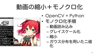 動画の縮小＋モノクロ化 
• OpenCV + Python 
• モノクロ化手順 
– 動画読み込み 
– グレイスケール化 
– 縮小 
– ガウス分布を用いた二値 
化 
63 
 