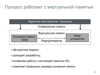 Процесс работает с виртуальной памятью
8
Адресное пространство процесса
Основная память
RAM
Swap
устройство
• абстрактная модель;
• упрощает разработку;
• оставляем работу с настоящей памятью ОС;
• позволяет превышать размеры основной памяти.
Отображение памяти
Paging/swapping
Виртуальная память
 