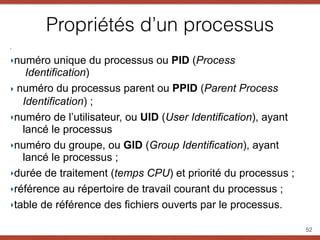 Propriétés d’un processus
‣
‣numéro unique du processus ou PID (Process
Identification)
‣ numéro du processus parent ou PPID (Parent Process
Identification) ;
‣numéro de l’utilisateur, ou UID (User Identification), ayant
lancé le processus
‣numéro du groupe, ou GID (Group Identification), ayant
lancé le processus ;
‣durée de traitement (temps CPU) et priorité du processus ;
‣référence au répertoire de travail courant du processus ;
‣table de référence des fichiers ouverts par le processus.
52
 