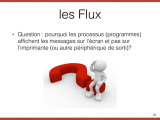 les Flux
‣ Question : pourquoi les processus (programmes)
afﬁchent les messages sur l’écran et pas sur
l’imprimante (ou autre périphérique de sorti)?
59
 