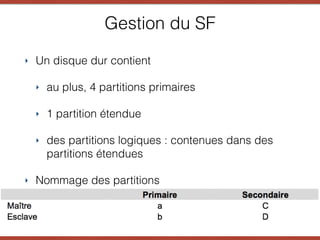 ‣ Un disque dur contient
‣ au plus, 4 partitions primaires
‣ 1 partition étendue
‣ des partitions logiques : contenues dans des
partitions étendues
‣ Nommage des partitions
Gestion du SF
 