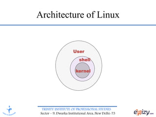 TRINITY INSTITUTE OF PROFESSIONAL STUDIES
Sector – 9, Dwarka Institutional Area, New Delhi-75
Architecture of Linux
User
shell
kernel
 