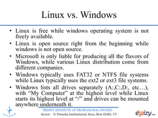 TRINITY INSTITUTE OF PROFESSIONAL STUDIES
Sector – 9, Dwarka Institutional Area, New Delhi-75
Linux vs. Windows
• Linux is free while windows operating system is not
freely available.
• Linux is open source right from the beginning while
windows is not open source.
• Microsoft is only liable for producing all the flavors of
Windows, while various Linux distribution come from
different companies.
• Windows typically uses FAT32 or NTFS file systems
while Linux typically uses the ext2 or ext3 file systems.
• Windows lists all drives separately (A:,C:,D:, etc…),
with “My Computer” at the highest level while Linux
starts its highest level at “/” and drives can be mounted
anywhere underneath it.
 