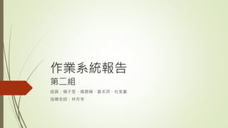 作業系統報告
第二組
組員：楊子旻、楊晨輝、夏本羿、杜家豪
指導老師：林芳苓
 