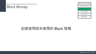 Block Bitmap
Backup Super Block
Group Descriptor
Block Bitmap
Inode Bitmap
Inode table
Data Blocks
記錄使用與未使用的 Block 號碼
 