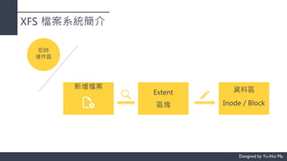 XFS 檔案系統簡介
即時
運作區
新增檔案
Extent
區塊
資料區
Inode / Block
 