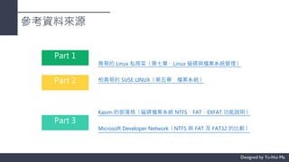 參考資料來源
鳥哥的 Linux 私房菜〈第七章、Linux 磁碟與檔案系統管理〉
柏青哥的 SUSE LINUX〈第五章 檔案系統〉
Kasim 的部落格〈磁碟檔案系統 NTFS、FAT、EXFAT 功能說明〉
Microsoft Developer Network〈NTFS 與 FAT 及 FAT32 的比較〉
Part 1
Part 2
Part 3
 
