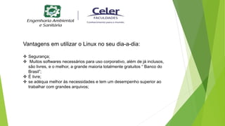 Vantagens em utilizar o Linux no seu dia-a-dia:
 Segurança;
 Muitos softwares necessários para uso corporativo, além de já inclusos,
são livres, e o melhor, a grande maioria totalmente gratuitos “ Banco do
Brasil”;
 É livre;
 se adéqua melhor às necessidades e tem um desempenho superior ao
trabalhar com grandes arquivos;
 