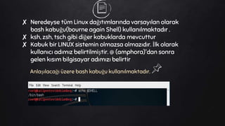 ✘ Neredeyse tüm Linux dağıtımlarında varsayılan olarak
bash kabuğu(bourne again Shell) kullanılmaktadır .
✘ ksh, zsh, tsch gibi diğer kabuklarda mevcuttur
✘ Kabuk bir LINUX sistemin olmazsa olmazıdır. İlk olarak
kullanıcı adımız belirtilmiştir. @ (amphora)'dan sonra
gelen kısım bilgisayar adımızı belirtir
Anlaşılacağı üzere bash kabuğu kullanılmaktadır.
 