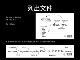 列列出⽂文件
ls -la # ⽂文件列列表
ls -dl dir1
ls -lAsSh
# 显示所有⽂文件⼤大⼩小，其中⼩小s为显示⽂文件⼤大⼩小，⼤大S为按⽂文件⼤大⼩小排序
 