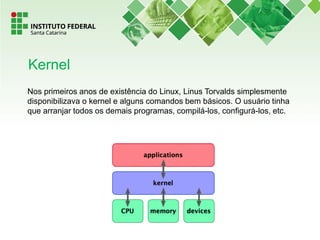 Nos primeiros anos de existência do Linux, Linus Torvalds simplesmente
disponibilizava o kernel e alguns comandos bem básicos. O usuário tinha
que arranjar todos os demais programas, compilá-los, configurá-los, etc.
Kernel
 