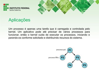 Um processo é apenas uma tarefa que é carregada e controlada pelo
kernel. Um aplicativo pode até precisar de vários processos para
funcionar, então o kernel cuida de executar os processos, iniciando e
parando-os conforme solicitado e distribuindo recursos do sistema.
Aplicações
 