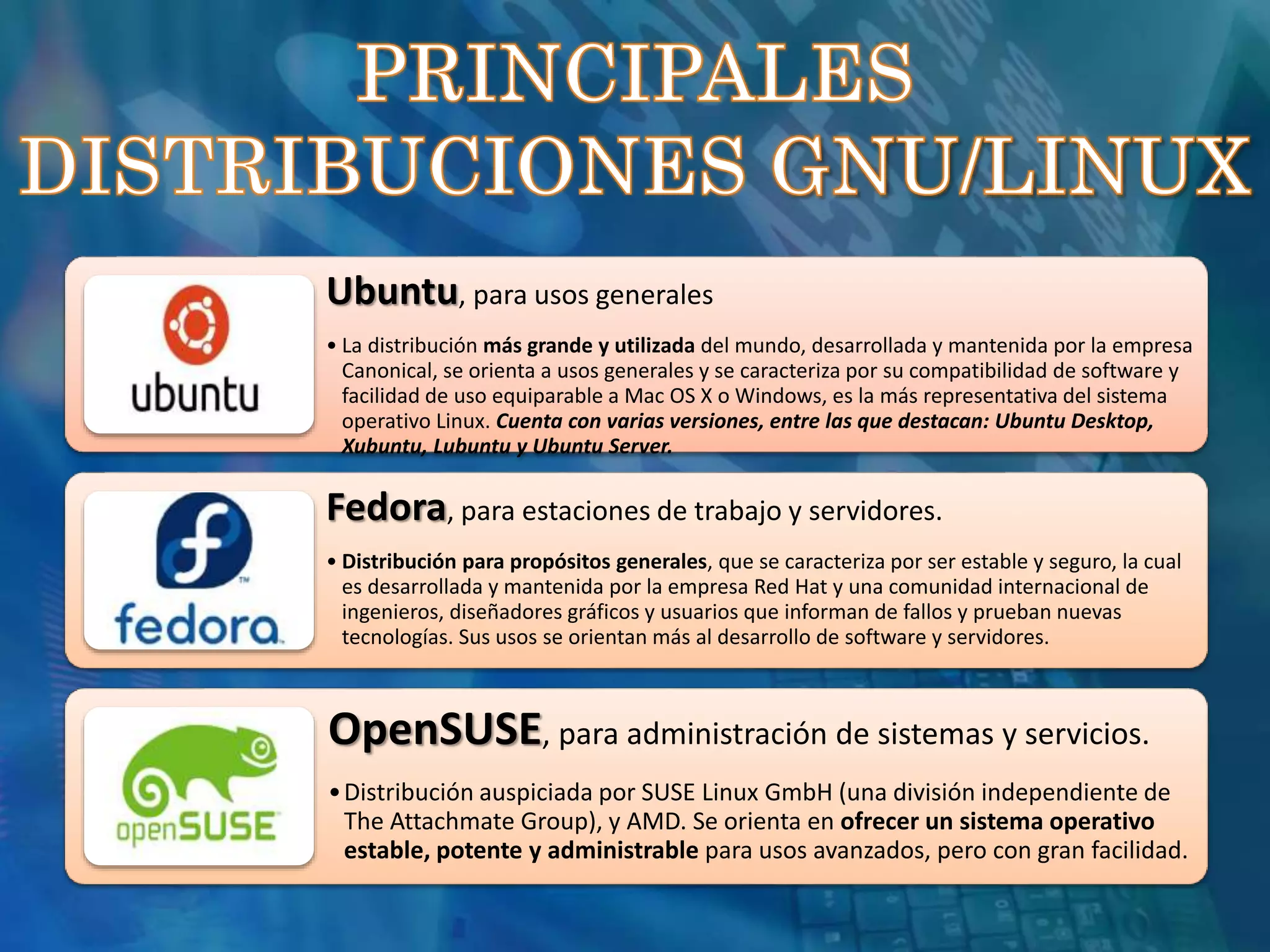 Ubuntu, para usos generales
• La distribución más grande y utilizada del mundo, desarrollada y mantenida por la empresa
Canonical, se orienta a usos generales y se caracteriza por su compatibilidad de software y
facilidad de uso equiparable a Mac OS X o Windows, es la más representativa del sistema
operativo Linux. Cuenta con varias versiones, entre las que destacan: Ubuntu Desktop,
Xubuntu, Lubuntu y Ubuntu Server.
Fedora, para estaciones de trabajo y servidores.
• Distribución para propósitos generales, que se caracteriza por ser estable y seguro, la cual
es desarrollada y mantenida por la empresa Red Hat y una comunidad internacional de
ingenieros, diseñadores gráficos y usuarios que informan de fallos y prueban nuevas
tecnologías. Sus usos se orientan más al desarrollo de software y servidores.
OpenSUSE, para administración de sistemas y servicios.
•Distribución auspiciada por SUSE Linux GmbH (una división independiente de
The Attachmate Group), y AMD. Se orienta en ofrecer un sistema operativo
estable, potente y administrable para usos avanzados, pero con gran facilidad.
 