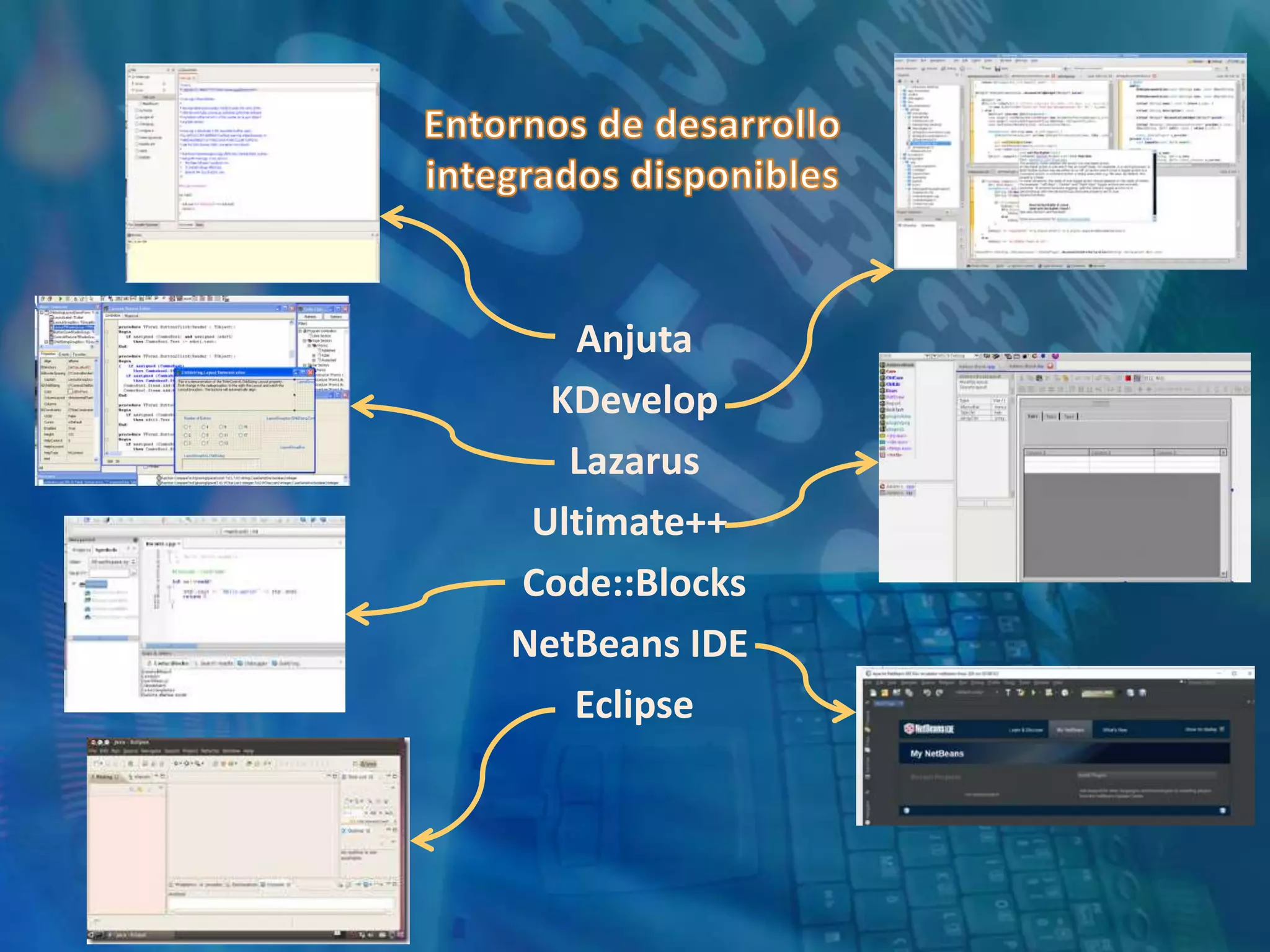 Anjuta
KDevelop
Lazarus
Ultimate++
Code::Blocks
NetBeans IDE
Eclipse
 