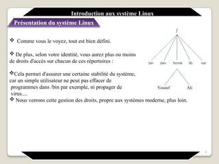  Comme vous le voyez, tout est bien défini.
 De plus, selon votre identité, vous aurez plus ou moins
de droits d'accés sur chacun de ces répertoires :
Cela permet d'assurer une certaine stabilité du système,
car un simple utilisateur ne peut pas effacer de
programmes dans /bin par exemple, ni propager de
virus....
 Nous verrons cette gestion des droits, propre aux systèmes moderne, plus loin.
Introduction aux système Linux
Présentation du système Linux
Yousef Ali
6
 