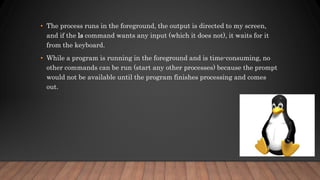 • The process runs in the foreground, the output is directed to my screen,
and if the ls command wants any input (which it does not), it waits for it
from the keyboard.
• While a program is running in the foreground and is time-consuming, no
other commands can be run (start any other processes) because the prompt
would not be available until the program finishes processing and comes
out.
 