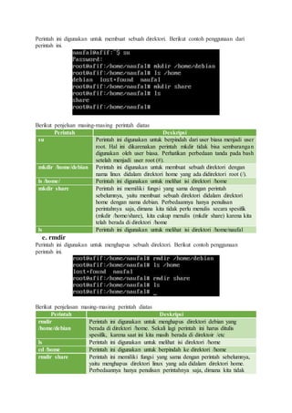 Perintah ini digunakan untuk membuat sebuah direktori. Berikut contoh penggunaan dari
perintah ini.
Berikut penjelsan masing-masing perintah diatas
Perintah Deskripsi
su Perintah ini digunakan untuk berpindah dari user biasa menjadi user
root. Hal ini dikarenakan perintah mkdir tidak bisa sembarangan
digunakan oleh user biasa. Perhatikan perbedaan tanda pada bash
setelah menjadi user root (#).
mkdir /home/debian Perintah ini digunakan untuk membuat sebuah direktori dengan
nama linux didalam direktori home yang ada didirektori root (/).
ls /home/ Perintah ini digunakan untuk melihat isi direktori /home
mkdir share Perintah ini memiliki fungsi yang sama dengan perintah
sebelumnya, yaitu membuat sebuah direktori didalam direktori
home dengan nama debian. Perbedaannya hanya penulisan
perintahnya saja, dimana kita tidak perlu menulis secara spesifik
(mkdir /home/share), kita cukup menulis (mkdir share) karena kita
telah berada di direktori /home
ls Perintah ini digunakan untuk melihat isi direktori /home/naufal
e. rmdir
Perintah ini digunakan untuk menghapus sebuah direktori. Berikut contoh penggunaan
perintah ini.
Berikut penjelasan masing-masing perintah diatas
Perintah Deskripsi
rmdir
/home/debian
Perintah ini digunakan untuk menghapus direktori debian yang
berada di direktori /home. Sekali lagi perintah ini harus ditulis
spesifik, karena saat ini kita masih berada di direktoir /etc
ls Perintah ini digunakan untuk melihat isi direktori /home
cd /home Perintah ini digunakan untuk berpindah ke direktori /home
rmdir share Perintah ini memiliki fungsi yang sama dengan perintah sebelumnya,
yaitu menghapus direktori linux yang ada didalam direktori home.
Perbedaannya hanya penulisan perintahnya saja, dimana kita tidak
 