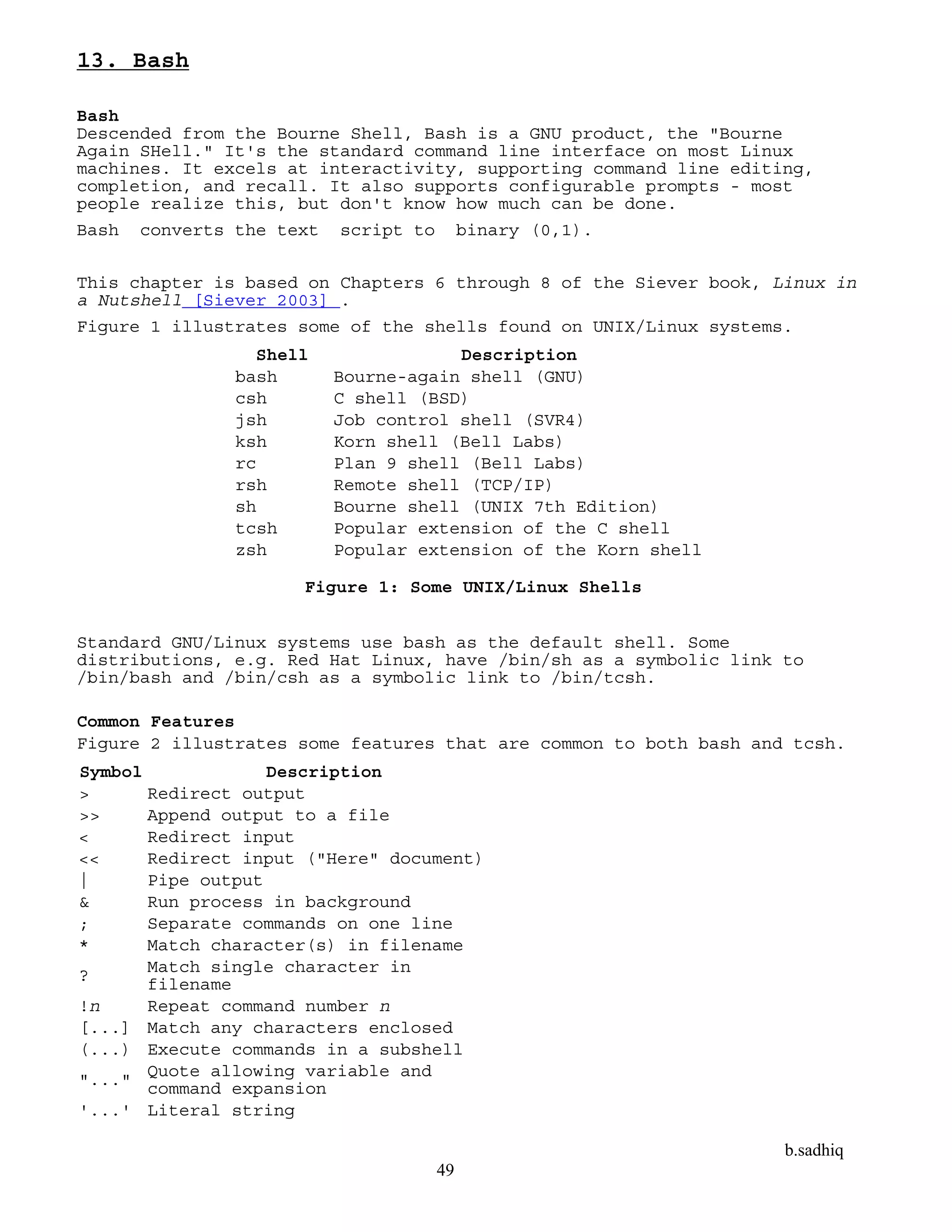 b.sadhiq
49
13. Bash
Bash
Descended from the Bourne Shell, Bash is a GNU product, the "Bourne
Again SHell." It's the standard command line interface on most Linux
machines. It excels at interactivity, supporting command line editing,
completion, and recall. It also supports configurable prompts - most
people realize this, but don't know how much can be done.
Bash converts the text script to binary (0,1).
This chapter is based on Chapters 6 through 8 of the Siever book, Linux in
a Nutshell [Siever 2003] .
Figure 1 illustrates some of the shells found on UNIX/Linux systems.
Shell Description
bash Bourne-again shell (GNU)
csh C shell (BSD)
jsh Job control shell (SVR4)
ksh Korn shell (Bell Labs)
rc Plan 9 shell (Bell Labs)
rsh Remote shell (TCP/IP)
sh Bourne shell (UNIX 7th Edition)
tcsh Popular extension of the C shell
zsh Popular extension of the Korn shell
Figure 1: Some UNIX/Linux Shells
Standard GNU/Linux systems use bash as the default shell. Some
distributions, e.g. Red Hat Linux, have /bin/sh as a symbolic link to
/bin/bash and /bin/csh as a symbolic link to /bin/tcsh.
Common Features
Figure 2 illustrates some features that are common to both bash and tcsh.
Symbol Description
> Redirect output
>> Append output to a file
< Redirect input
<< Redirect input ("Here" document)
| Pipe output
& Run process in background
; Separate commands on one line
* Match character(s) in filename
? Match single character in
filename
!n Repeat command number n
[...] Match any characters enclosed
(...) Execute commands in a subshell
"..." Quote allowing variable and
command expansion
'...' Literal string
 