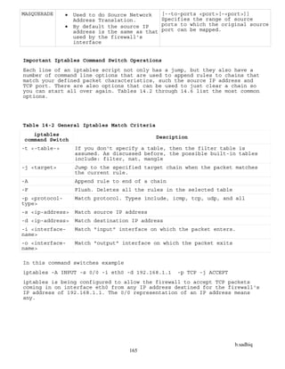 b.sadhiq
165
MASQUERADE  Used to do Source Network
Address Translation.
 By default the source IP
address is the same as that
used by the firewall's
interface
[--to-ports <port>[-<port>]]
Specifies the range of source
ports to which the original source
port can be mapped.
Important Iptables Command Switch Operations
Each line of an iptables script not only has a jump, but they also have a
number of command line options that are used to append rules to chains that
match your defined packet characteristics, such the source IP address and
TCP port. There are also options that can be used to just clear a chain so
you can start all over again. Tables 14.2 through 14.6 list the most common
options.
Table 14-2 General Iptables Match Criteria
iptables
command Switch Desciption
-t <-table-> If you don't specify a table, then the filter table is
assumed. As discussed before, the possible built-in tables
include: filter, nat, mangle
-j <target> Jump to the specified target chain when the packet matches
the current rule.
-A Append rule to end of a chain
-F Flush. Deletes all the rules in the selected table
-p <protocol-
type>
Match protocol. Types include, icmp, tcp, udp, and all
-s <ip-address> Match source IP address
-d <ip-address> Match destination IP address
-i <interface-
name>
Match "input" interface on which the packet enters.
-o <interface-
name>
Match "output" interface on which the packet exits
In this command switches example
iptables -A INPUT -s 0/0 -i eth0 -d 192.168.1.1 -p TCP -j ACCEPT
iptables is being configured to allow the firewall to accept TCP packets
coming in on interface eth0 from any IP address destined for the firewall's
IP address of 192.168.1.1. The 0/0 representation of an IP address means
any.
 
