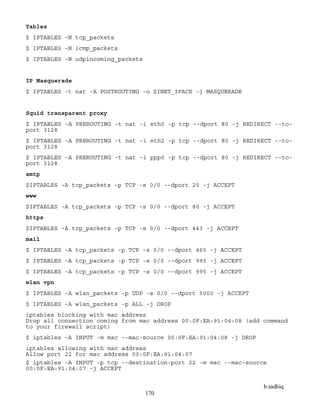 b.sadhiq
170
Tables
$ IPTABLES -N tcp_packets
$ IPTABLES -N icmp_packets
$ IPTABLES -N udpincoming_packets
IP Masquerade
$ IPTABLES -t nat -A POSTROUTING -o $INET_IFACE -j MASQUERADE
Squid transparent proxy
$ IPTABLES -A PREROUTING -t nat -i eth0 -p tcp --dport 80 -j REDIRECT --to-
port 3128
$ IPTABLES -A PREROUTING -t nat -i eth2 -p tcp --dport 80 -j REDIRECT --to-
port 3128
$ IPTABLES -A PREROUTING -t nat -i ppp0 -p tcp --dport 80 -j REDIRECT --to-
port 3128
smtp
$IPTABLES -A tcp_packets -p TCP -s 0/0 --dport 25 -j ACCEPT
www
$IPTABLES -A tcp_packets -p TCP -s 0/0 --dport 80 -j ACCEPT
https
$IPTABLES -A tcp_packets -p TCP -s 0/0 --dport 443 -j ACCEPT
mail
$ IPTABLES -A tcp_packets -p TCP -s 0/0 --dport 465 -j ACCEPT
$ IPTABLES -A tcp_packets -p TCP -s 0/0 --dport 993 -j ACCEPT
$ IPTABLES -A tcp_packets -p TCP -s 0/0 --dport 995 -j ACCEPT
wlan vpn
$ IPTABLES -A wlan_packets -p UDP -s 0/0 --dport 5000 -j ACCEPT
$ IPTABLES -A wlan_packets -p ALL -j DROP
iptables blocking with mac address
Drop all connection coming from mac address 00:0F:EA:91:04:08 (add command
to your firewall script)
$ iptables -A INPUT -m mac --mac-source 00:0F:EA:91:04:08 -j DROP
iptables allowing with mac address
Allow port 22 for mac address 00:0F:EA:91:04:07
$ iptables -A INPUT -p tcp --destination-port 22 -m mac --mac-source
00:0F:EA:91:04:07 -j ACCEPT
 