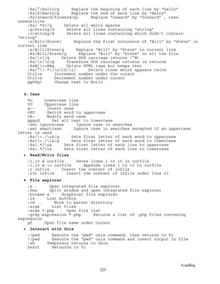 b.sadhiq
225
:%s/^/hello/g Replace the begining of each line by “hello”
:%s/$/Harry/g Replace the end of each line by “Harry”
:%s/onward/forward/gi Replace “onward” by “forward” , case
unsensitive
:%s/ *$//g Delete all white spaces
:g/string/d Delete all lines containing “string”
:v/string/d Delete all lines containing which didn't contain
“string”
:s/Bill/Steve/ Replace the first occurence of “Bill” by “Steve” in
current line
:s/Bill/Steve/g Replace “Bill” by “Steve” in current line
:%s/Bill/Steve/g Replace “Bill” by “Steve” in all the file
:%s/r//g Delete DOS carriage returns (^M)
:%s/r/r/g Transform DOS carriage returns in returns
:%s#]+>##g Delete HTML tags but keeps text
:%s/^(.*)n1$/1/ Delete lines which appears twice
Ctrl+a Increment number under the cursor
Ctrl+x Decrement number under cursor
ggVGg? Change text to Rot13
4. Case
Vu Lowercase line
VU Uppercase line
g~~ Invert case
vEU Switch word to uppercase
vE~ Modify word case
ggguG Set all text to lowercase
:set ignorecase Ignore case in searches
:set smartcase Ignore case in searches excepted if an uppercase
letter is used
:%s/<./u&/g Sets first letter of each word to uppercase
:%s/<./l&/g Sets first letter of each word to lowercase
:%s/.*/u& Sets first letter of each line to uppercase
:%s/.*/l& Sets first letter of each line to lowercase
 Read/Write files
:1,10 w outfile Saves lines 1 to 10 in outfile
:1,10 w >> outfile Appends lines 1 to 10 to outfile
:r infile Insert the content of infile
:23r infile Insert the content of infile under line 23
 File explorer
:e . Open integrated file explorer
:Sex Split window and open integrated file explorer
:browse e Graphical file explorer
:ls List buffers
:cd .. Move to parent directory
:args List files
:args *.php Open file list
:grep expression *.php Returns a list of .php files contening
expression
gf Open file name under cursor
 Interact with Unix
:!pwd Execute the “pwd” unix command, then returns to Vi
!!pwd Execute the “pwd” unix command and insert output in file
:sh Temporary returns to Unix
$exit Retourns to Vi
 