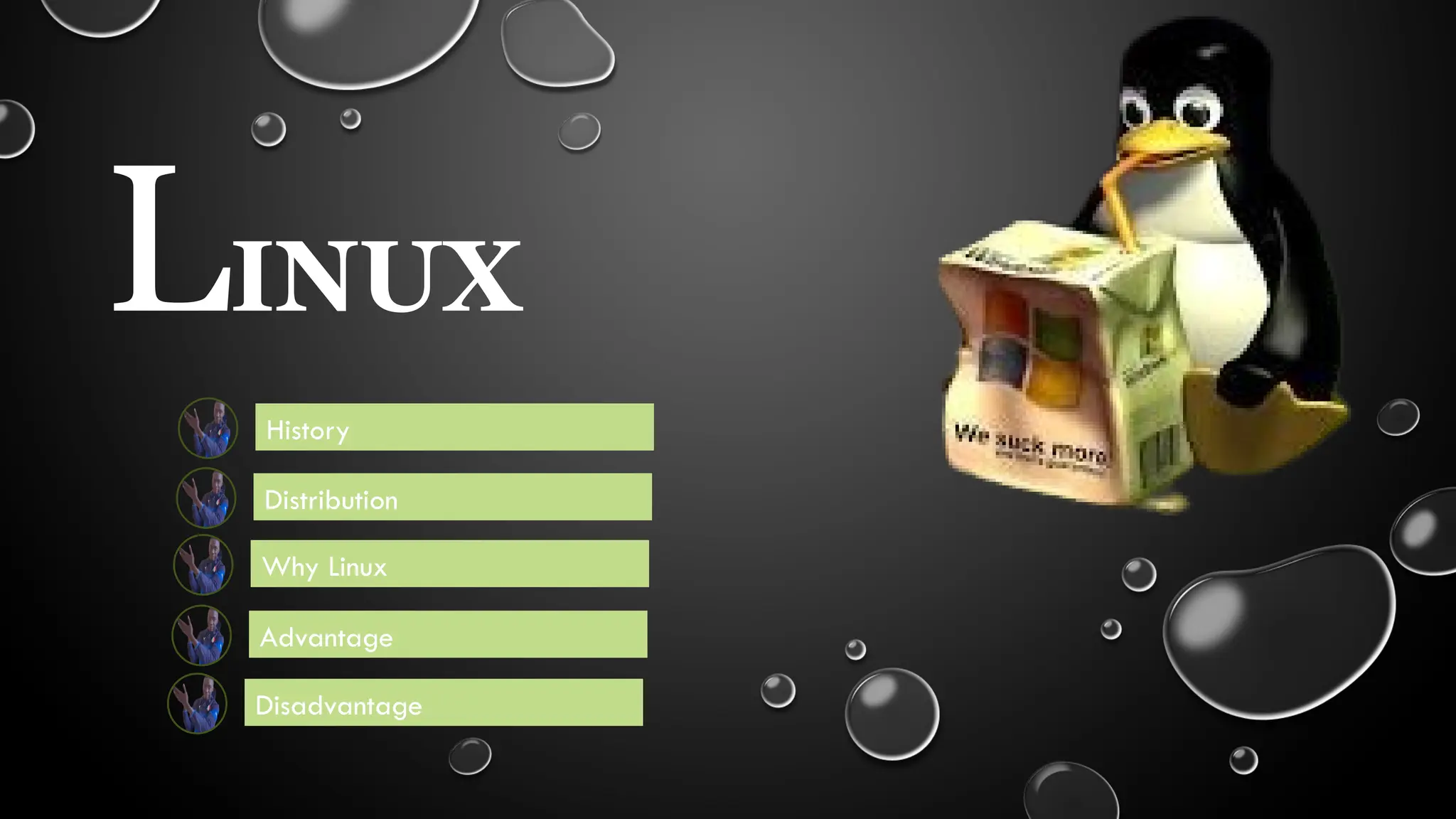 LINUX
Why Linux
Advantage
Disadvantage
Distribution
History
 