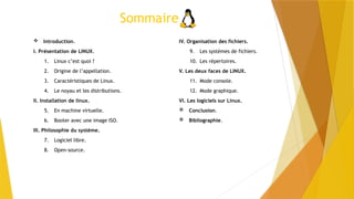 Sommaire
 Introduction.
I. Présentation de LINUX.
1. Linux c’est quoi ?
2. Origine de l’appellation.
3. Caractéristiques de Linux.
4. Le noyau et les distributions.
II. Installation de linux.
5. En machine virtuelle.
6. Booter avec une image ISO.
III. Philosophie du système.
7. Logiciel libre.
8. Open-source.
IV. Organisation des fichiers.
9. Les systèmes de fichiers.
10. Les répertoires.
V. Les deux faces de LINUX.
11. Mode console.
12. Mode graphique.
VI. Les logiciels sur Linux.
 Conclusion.
 Bibliographie.
 