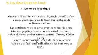 1. Le mode graphique
V. Les deux faces de linux
On peut utiliser Linux avec deux façons, la première c’est
le mode graphique, c’est la façon que la plupart de
utilisateurs utilise.
Les distributions qu’on a vue avant sont équipés d’une
interface graphique ou environnements de bureau , il
existe plusieurs environnements comme Gnome, KDE et
autres.
Ces environnements possèdent de utilitaires et des
logiciels qui facilitent l’utilisation du système avec la
souris.
 