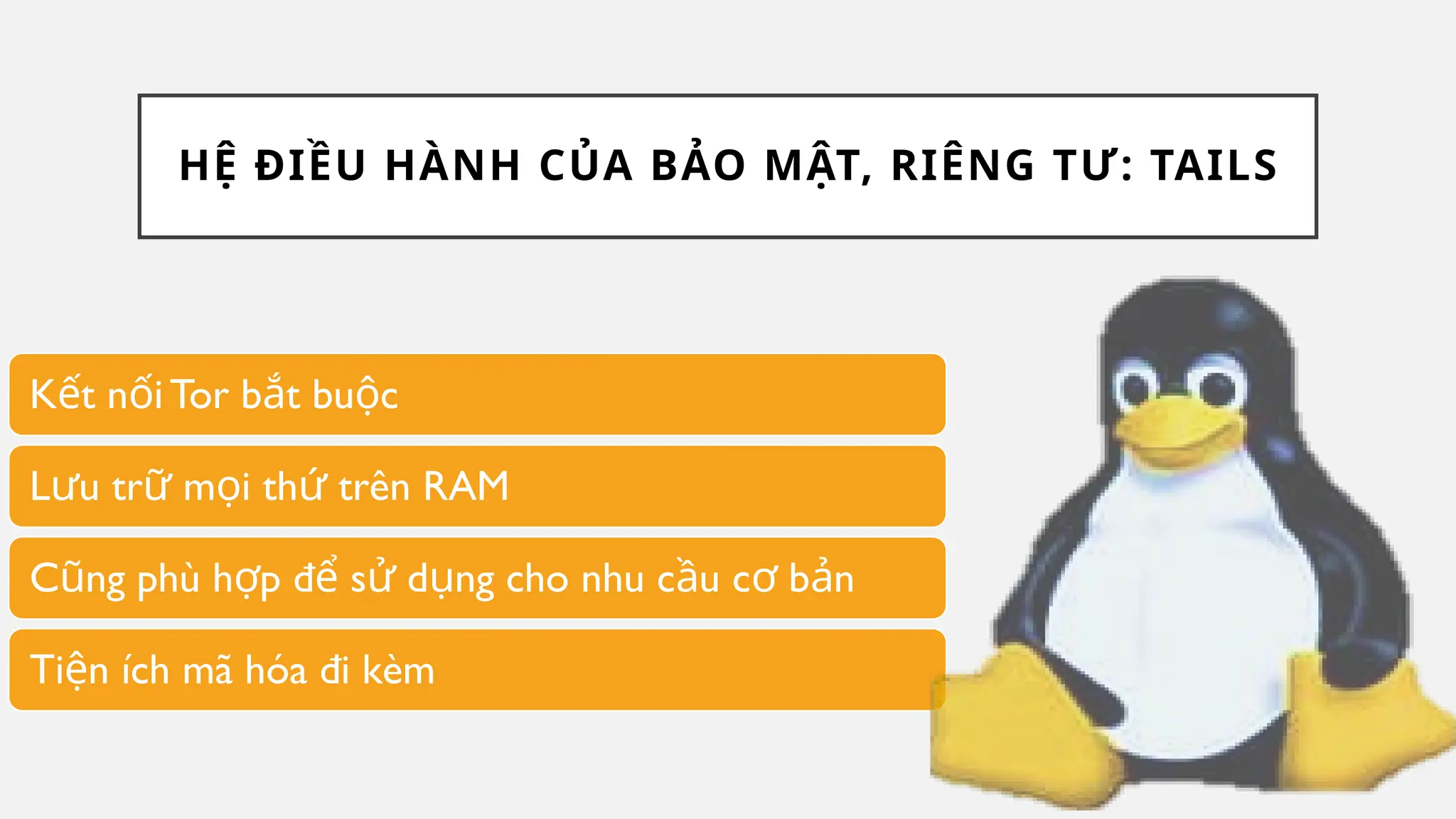HỆ ĐIỀU HÀNH CỦA BẢO MẬT, RIÊNG TƯ: TAILS
K t n iTor b t bu c
ế ố ắ ộ
L u tr m i th trên RAM
ư ữ ọ ứ
C ng phù h p đ s d ng cho nhu c u c b n
ũ ợ ể ử ụ ầ ơ ả
Ti n ích mã hóa đi kèm
ệ
 