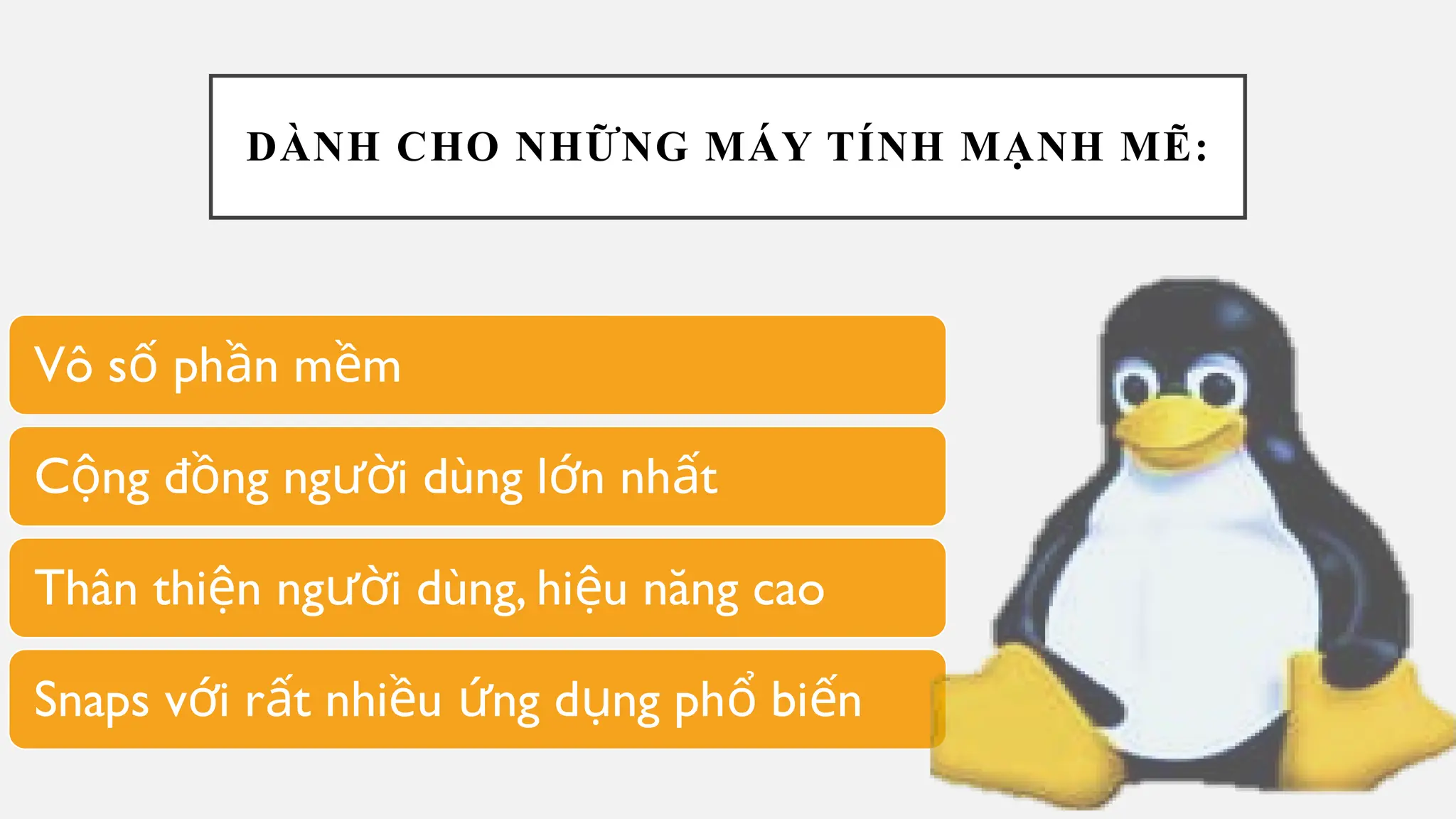 DÀNH CHO NHỮNG MÁY TÍNH MẠNH MẼ:
Vô s ph n m m
ố ầ ề
C ng đ ng ng i dùng l n nh t
ộ ồ ườ ớ ấ
Thân thi n ng i dùng, hi u năng cao
ệ ườ ệ
Snaps v i r t nhi u ng d ng ph bi n
ớ ấ ề ứ ụ ổ ế
 