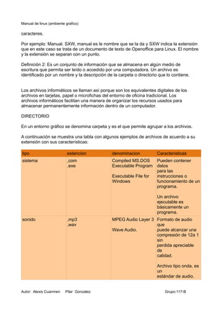 Manual de linux (ambiente grafico)

caracteres.

Por ejemplo: Manual. SXW, manual es le nombre que se la da y SXW indica la extensión
que en este caso se trata de un documento de texto de Openoffice para Linux. El nombre
y la extensión se separan con un punto.

Definición 2: Es un conjunto de información que se almacena en algún medio de
escritura que permita ser leído o accedido por una computadora. Un archivo es
identificado por un nombre y la descripción de la carpeta o directorio que lo contiene.


Los archivos informáticos se llaman así porque son los equivalentes digitales de los
archivos en tarjetas, papel o microfichas del entorno de oficina tradicional. Los
archivos informáticos facilitan una manera de organizar los recursos usados para
almacenar permanentemente información dentro de un computador.

DIRECTORIO

En un entorno gráfico se denomina carpeta y es el que permite agrupar a los archivos.

A continuación se muestra una tabla con algunos ejemplos de archivos de acuerdo a su
extensión con sus características:

tipo                       estencion           denominacion           Caracteristicas
sistema                    ,com                Compiled MS.DOS     Pueden contener
                           .exe                Executable Program datos
                                                                   para las
                                               Executable File for instrucciones o
                                               Windows             funcionamiento de un
                                                                   programa.

                                                                      Un archivo
                                                                      ejecutable es
                                                                      básicamente un
                                                                      programa.
sonido                     ,mp3                MPEG Audio Layer 3 Formato de audio
                           ,wav                                   que
                                               Wave Audio.        puede alcanzar una
                                                                  compresión de 12a 1
                                                                  sin
                                                                  perdida apreciable
                                                                  de
                                                                  calidad.

                                                                      Archivo tipo onda, es
                                                                      un
                                                                      estándar de audio.


Autor: Alexis Cuanmen     Pilar Gonzalez                                  Grupo:117-B
 
