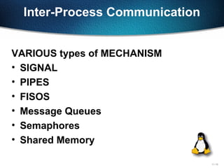 11-19
Inter-Process Communication
VARIOUS types of MECHANISM
• SIGNAL
• PIPES
• FISOS
• Message Queues
• Semaphores
• Shared Memory
 