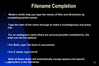 Filename Completion Modern shells help you type the names of files and directories by completing partial names Type the start of the name (enough to make it unambiguous) and press Tab For an ambiguous name (there are several possible completions), the shell can list the options: l For Bash, type Tab twice in succession l For C shells, type Ctrl+D Both of these shells will automatically escape spaces and special characters in the filenames 