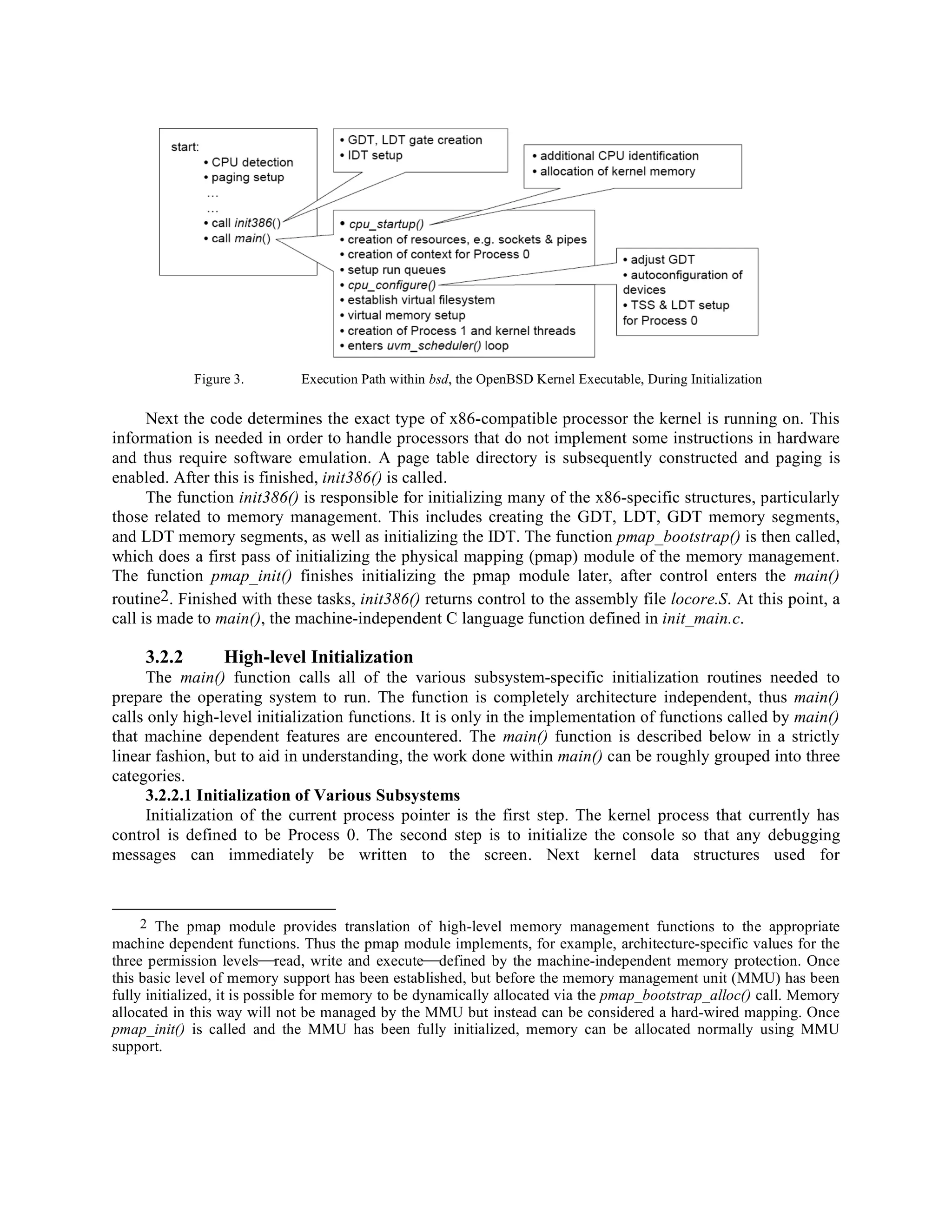 Figure 3. Execution Path within bsd, the OpenBSD Kernel Executable, During Initialization
Next the code determines the exact type of x86-compatible processor the kernel is running on. This
information is needed in order to handle processors that do not implement some instructions in hardware
and thus require software emulation. A page table directory is subsequently constructed and paging is
enabled. After this is finished, init386() is called.
The function init386() is responsible for initializing many of the x86-specific structures, particularly
those related to memory management. This includes creating the GDT, LDT, GDT memory segments,
and LDT memory segments, as well as initializing the IDT. The function pmap_bootstrap() is then called,
which does a first pass of initializing the physical mapping (pmap) module of the memory management.
The function pmap_init() finishes initializing the pmap module later, after control enters the main()
routine2. Finished with these tasks, init386() returns control to the assembly file locore.S. At this point, a
call is made to main(), the machine-independent C language function defined in init_main.c.
3.2.2 High-level Initialization
The main() function calls all of the various subsystem-specific initialization routines needed to
prepare the operating system to run. The function is completely architecture independent, thus main()
calls only high-level initialization functions. It is only in the implementation of functions called by main()
that machine dependent features are encountered. The main() function is described below in a strictly
linear fashion, but to aid in understanding, the work done within main() can be roughly grouped into three
categories.
3.2.2.1 Initialization of Various Subsystems
Initialization of the current process pointer is the first step. The kernel process that currently has
control is defined to be Process 0. The second step is to initialize the console so that any debugging
messages can immediately be written to the screen. Next kernel data structures used for
2 The pmap module provides translation of high-level memory management functions to the appropriate
machine dependent functions. Thus the pmap module implements, for example, architecture-specific values for the
three permission levelsread, write and executedefined by the machine-independent memory protection. Once
this basic level of memory support has been established, but before the memory management unit (MMU) has been
fully initialized, it is possible for memory to be dynamically allocated via the pmap_bootstrap_alloc() call. Memory
allocated in this way will not be managed by the MMU but instead can be considered a hard-wired mapping. Once
pmap_init() is called and the MMU has been fully initialized, memory can be allocated normally using MMU
support.
 