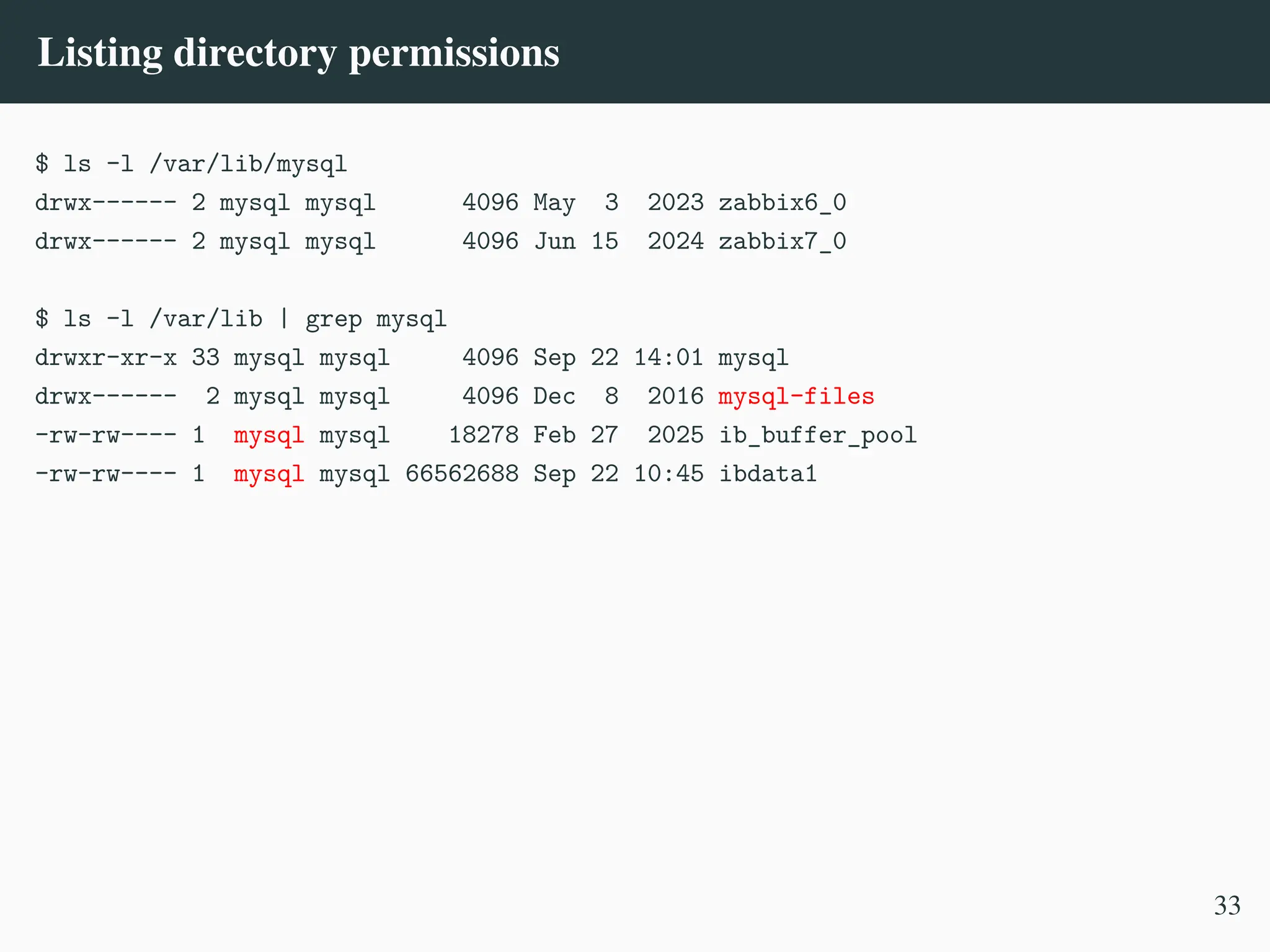 Listing directory permissions
$ ls -l /var/lib/mysql
drwx------ 2 mysql mysql 4096 May 3 2023 zabbix6_0
drwx------ 2 mysql mysql 4096 Jun 15 2024 zabbix7_0
$ ls -l /var/lib | grep mysql
drwxr-xr-x 33 mysql mysql 4096 Sep 22 14:01 mysql
drwx------ 2 mysql mysql 4096 Dec 8 2016 mysql-files
-rw-rw---- 1 mysql mysql 18278 Feb 27 2025 ib_buffer_pool
-rw-rw---- 1 mysql mysql 66562688 Sep 22 10:45 ibdata1
33
 