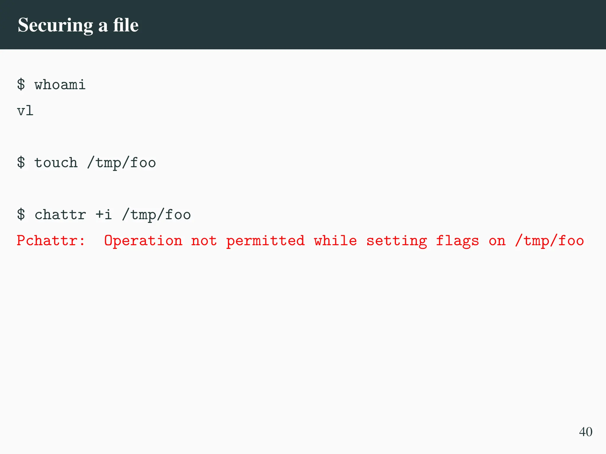 Securing a file
$ whoami
vl
$ touch /tmp/foo
$ chattr +i /tmp/foo
Pchattr: Operation not permitted while setting flags on /tmp/foo
40
 