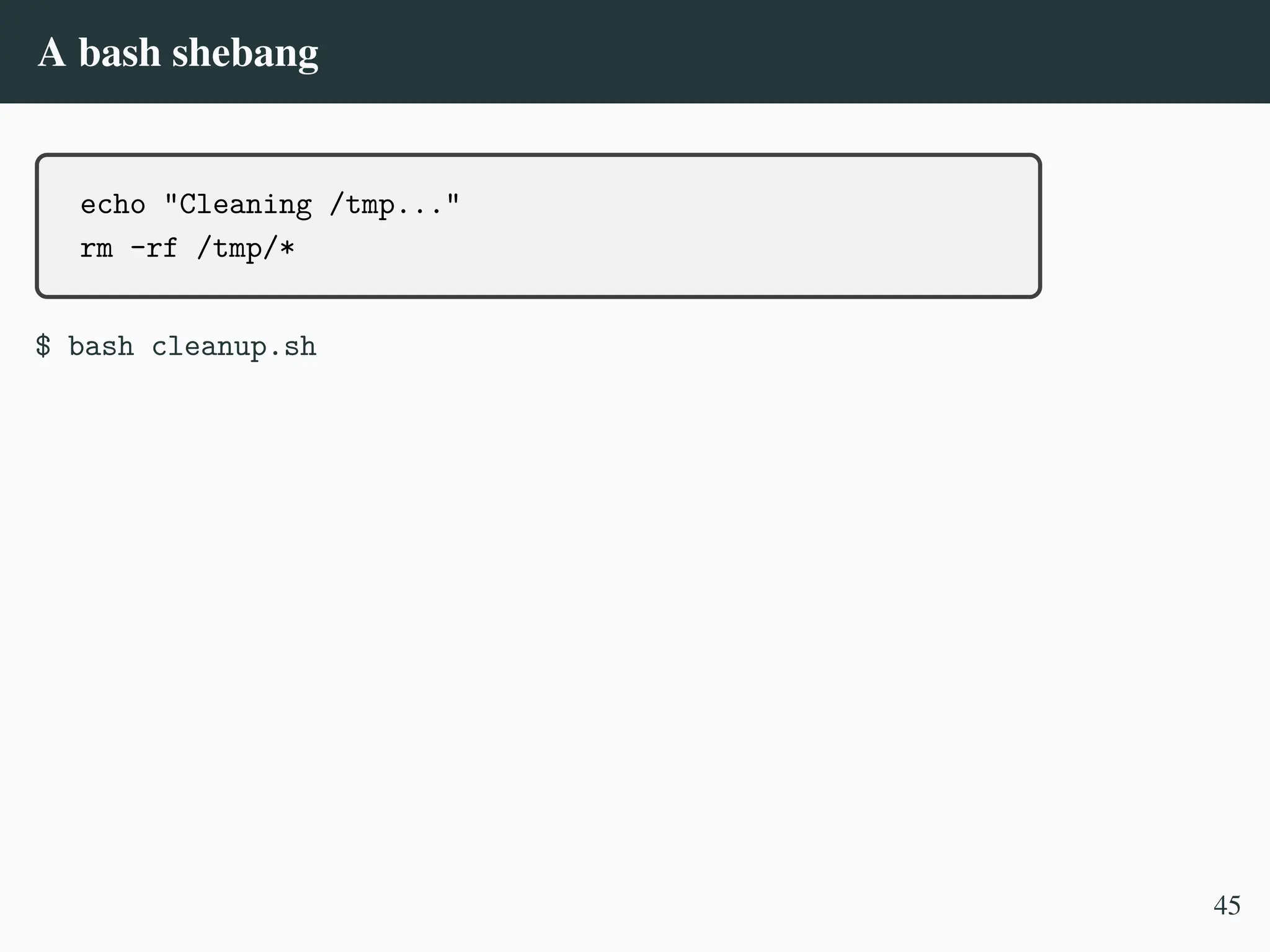 A bash shebang
echo "Cleaning /tmp..."
rm -rf /tmp/*
$ bash cleanup.sh
45
 