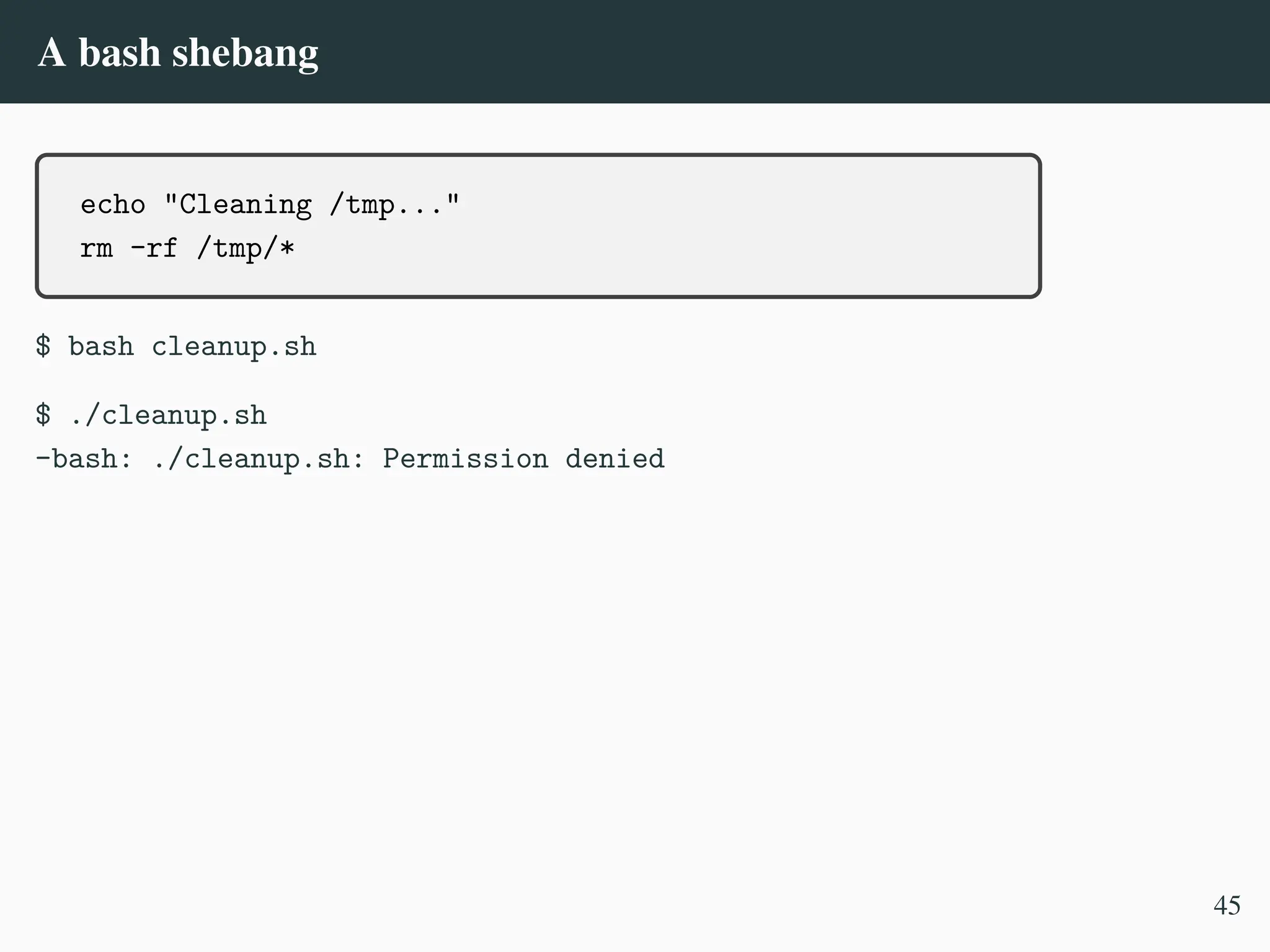 A bash shebang
echo "Cleaning /tmp..."
rm -rf /tmp/*
$ bash cleanup.sh
$ ./cleanup.sh
-bash: ./cleanup.sh: Permission denied
45
 
