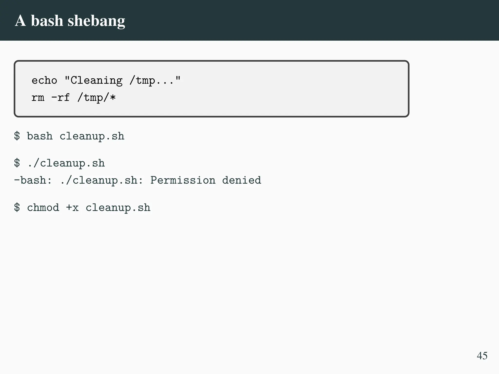 A bash shebang
echo "Cleaning /tmp..."
rm -rf /tmp/*
$ bash cleanup.sh
$ ./cleanup.sh
-bash: ./cleanup.sh: Permission denied
$ chmod +x cleanup.sh
45
 