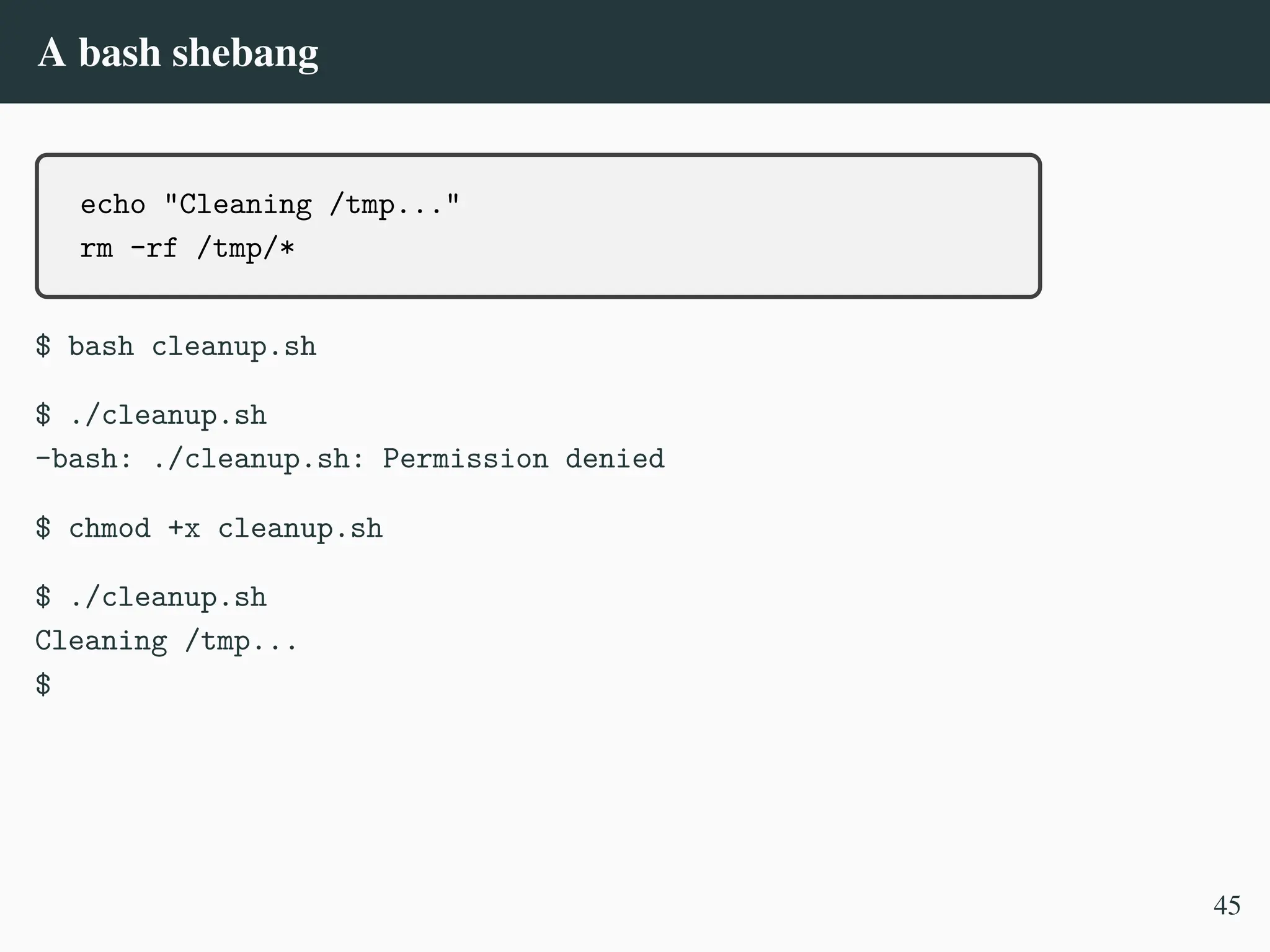 A bash shebang
echo "Cleaning /tmp..."
rm -rf /tmp/*
$ bash cleanup.sh
$ ./cleanup.sh
-bash: ./cleanup.sh: Permission denied
$ chmod +x cleanup.sh
$ ./cleanup.sh
Cleaning /tmp...
$
45
 