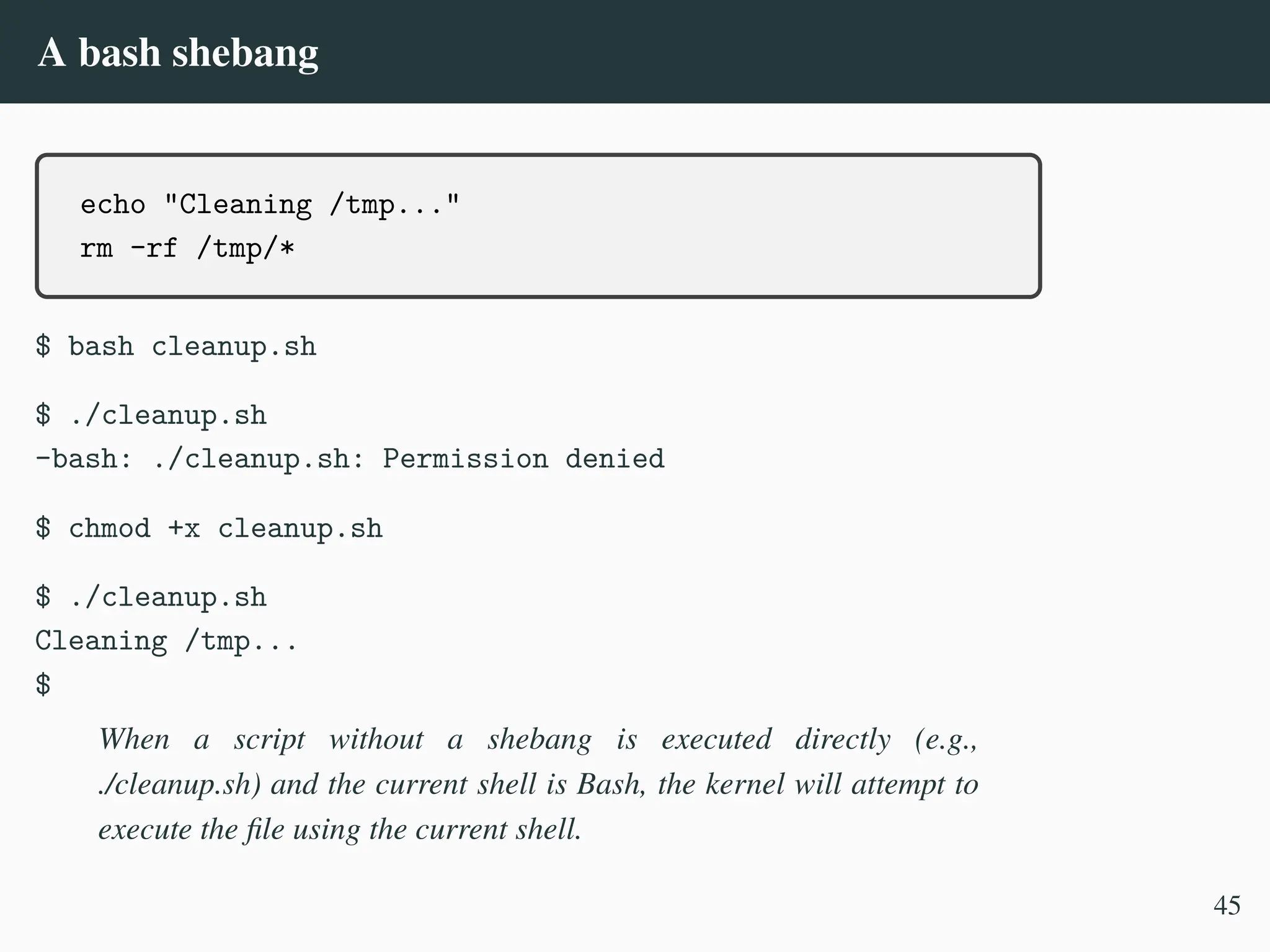 A bash shebang
echo "Cleaning /tmp..."
rm -rf /tmp/*
$ bash cleanup.sh
$ ./cleanup.sh
-bash: ./cleanup.sh: Permission denied
$ chmod +x cleanup.sh
$ ./cleanup.sh
Cleaning /tmp...
$
When a script without a shebang is executed directly (e.g.,
./cleanup.sh) and the current shell is Bash, the kernel will attempt to
execute the file using the current shell.
45
 