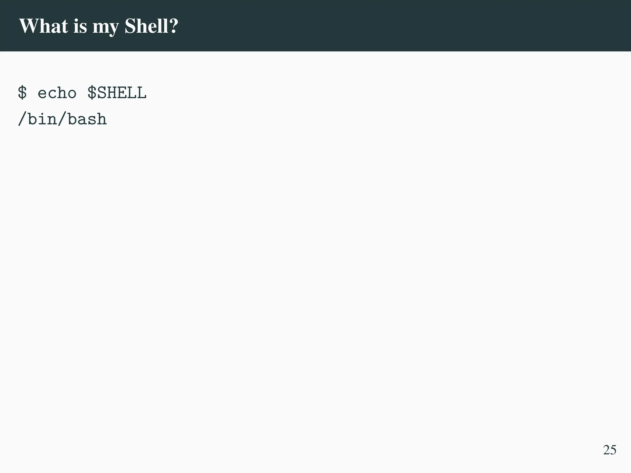 What is my Shell?
$ echo $SHELL
/bin/bash
25
 