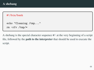A shebang
#!/bin/bash
echo "Cleaning /tmp..."
rm -rfv /tmp/*
A shebang is the special character sequence #! at the very beginning of a script
file, followed by the path to the interpreter that should be used to execute the
script.
44
 