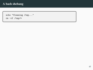 A bash shebang
echo "Cleaning /tmp..."
rm -rf /tmp/*
45
 
